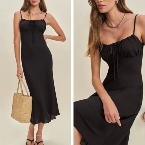 Reformation Camira Midi Dress Sz2 Black Noir Slip French Causal Party Cocktail - Picture 2 of 11